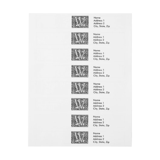 Brief W Middeleeuws Monogram Art Nouveau Adreslabel Wikkel (Vel)