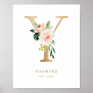 Brief Y Blush Floral Monogram Gold Foil Nursery Poster