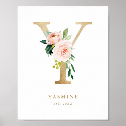 Brief Y Blush Floral Monogram Gold Foil Nursery Poster (Voorkant)