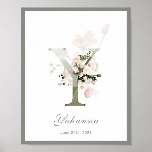 Brief Y Monogram Pink Floral Nursery Poster (Voorkant)