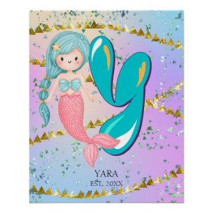 Brief Y Monogram Waterverf Cute Mermaid Nursery Perfect Poster