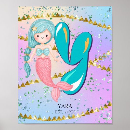 Brief Y Monogram Waterverf Cute Mermaid Nursery Poster (Voorkant)