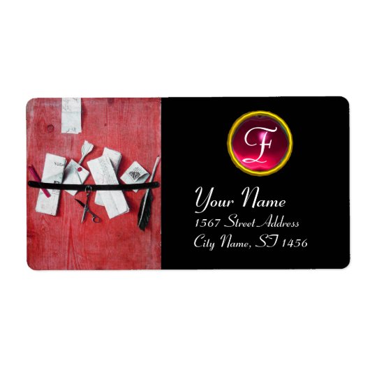 BRIEFHOUDER IN WOOD MONOGRAM, rood ruby zwart Etiket (Voorkant)