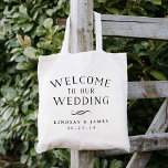 briefingbruiloft Welkom Tote Bag<br><div class="desc">Eenvoudige en chic bruiloft welkome canvas tassen zijn "welkom bij onze bruiloft" in zwarte  bloktypografie met een decoratieve bloei en uw namen en trouwdatum eronder.</div>