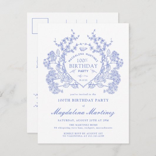 BRIEFKAART 100TH Verjaardag Blauw Bloemkam Uitnodi (Voorkant / Achterkant)