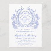 BRIEFKAART 100TH Verjaardag Blauw Bloemkam Uitnodi (Voorkant)