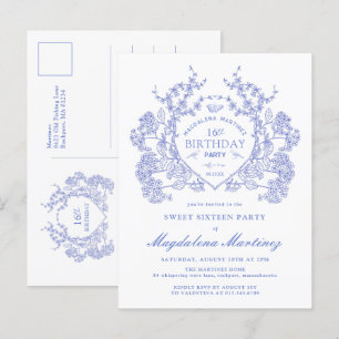 BRIEFKAART 16e Verjaardag Blue Floral Crest Uitnod