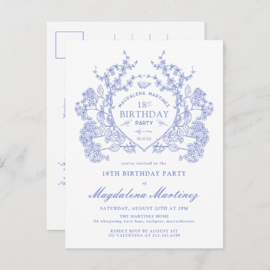 BRIEFKAART 18e Verjaardag Blue Floral Crest Uitnod (Voorkant / Achterkant)