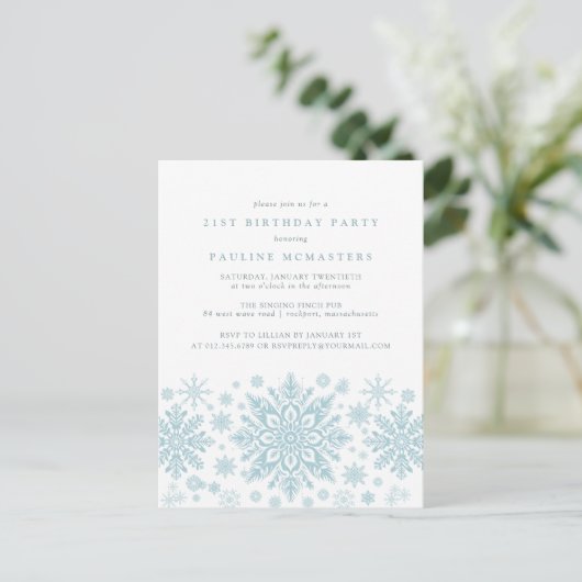 BRIEFKAART 21e Verjaardag Blue Snowflake Uitnodigi (Staand voorkant)