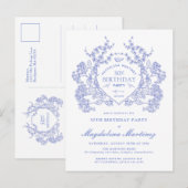 BRIEFKAART 50E Verjaardag Blue Floral Crest Uitnod (Voorkant / Achterkant)