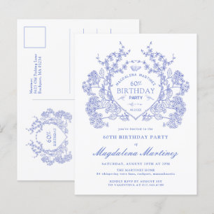 BRIEFKAART 60E Verjaardag Blue Floral Crest Uitnod