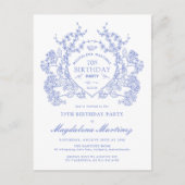 BRIEFKAART 70E Verjaardag Blue Floral Crest Uitnod (Voorkant)