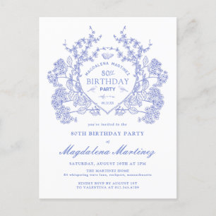 BRIEFKAART 80E Verjaardag Blue Floral Crest Uitnod