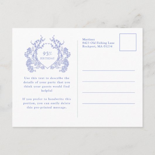 BRIEFKAART 95E Verjaardag Blauwe Bloemkam Uitnodig (Achterkant)