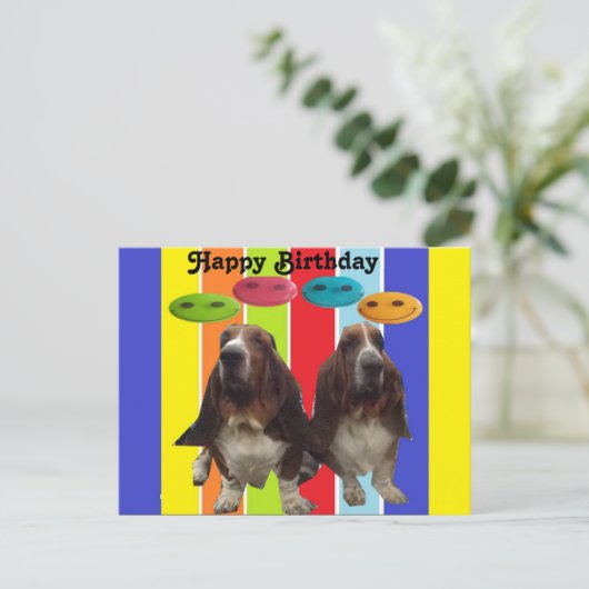 Briefkaart Baby Happy Birthday Basset Hounds Rainb (Staand voorkant)