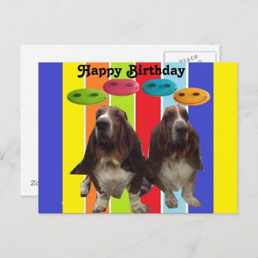Briefkaart Baby Happy Birthday Basset Hounds Rainb (Voorkant / Achterkant)