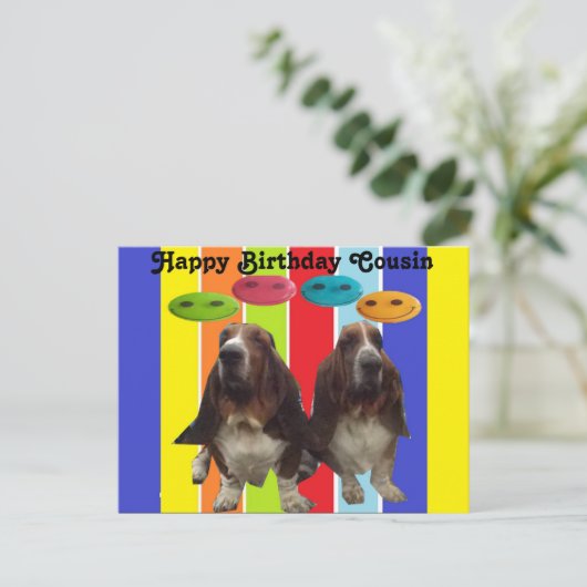 Briefkaart Baby Happy Birthday Cousin Basset (Staand voorkant)