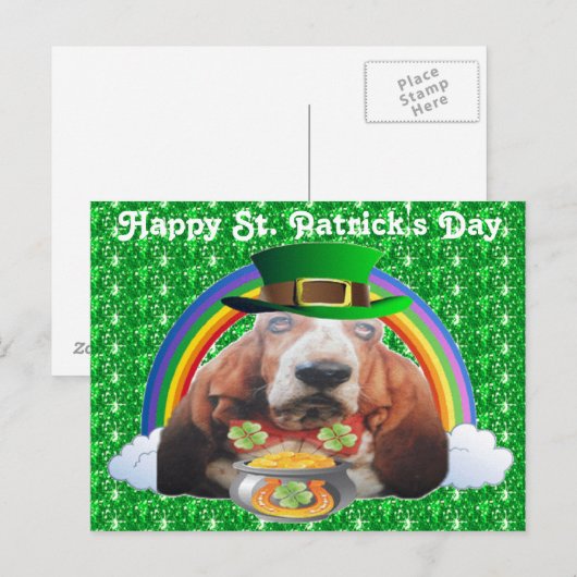 Briefkaart Basset Hound Happy St. Patrick's Day (Voorkant / Achterkant)