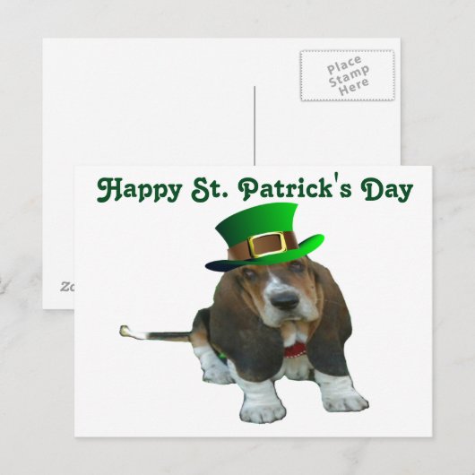 Briefkaart Basset Hound Happy StPatrick's Day (Voorkant / Achterkant)