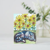 Briefkaart blauwe kat en gele bloemen (Staand voorkant)