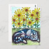 Briefkaart blauwe kat en gele bloemen (Voorkant / Achterkant)