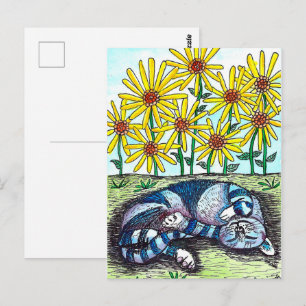 Briefkaart blauwe kat en gele bloemen