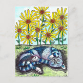 Briefkaart blauwe kat en gele bloemen (Voorkant)