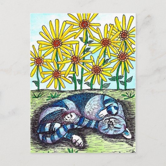 Briefkaart blauwe kat en gele bloemen (Voorkant)