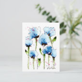 Briefkaart Blauwe Waterverf bloemen (Staand voorkant)