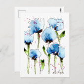 Briefkaart Blauwe Waterverf bloemen (Voorkant / Achterkant)