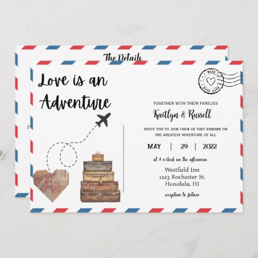 Briefkaart bruiloft uitnodiging - Bestemming bruil (Voorkant / Achterkant)