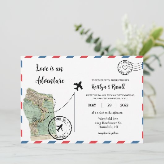 Briefkaart bruiloft uitnodiging - Bestemming bruil (Staand voorkant)