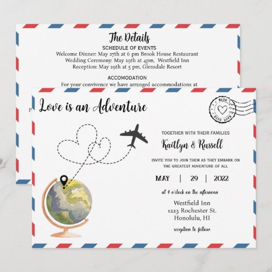 Briefkaart bruiloft uitnodiging - Bestemming bruil (Voorkant / Achterkant)