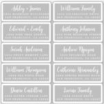 Briefkaart Calligrafie Weddenschap Adresetiketten Sticker<br><div class="desc">Eenvoudig te personaliseren, namen en adressen / individuele trouwadreslabel stickers voor gasten in een 2 x 0, 8 inch formaat geschikt voor briefkaarten! Deze chique, moderne en stijlvolle bruiloft adresetiketten zijn voorzien van uw bruiloft gast namen in witte elegante handgeschreven script kalligrafie op een grijze achtergrond. Voeg eenvoudig uw individuele...</div>