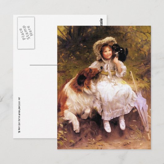 Briefkaart: Collie Dog, Meisje en Kat Briefkaart (Voorkant / Achterkant)