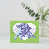 Briefkaart Cupido Valentijn, blauw Paarse groen (Staand voorkant)