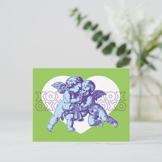 Briefkaart Cupido Valentijn, blauw Paarse groen (Staand voorkant)