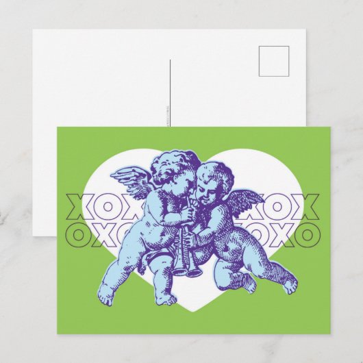 Briefkaart Cupido Valentijn, blauw Paarse groen (Voorkant / Achterkant)