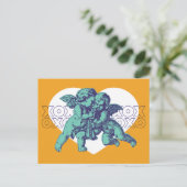 Briefkaart Cupido Valentijn, Blauwgroen Paarse Sin (Staand voorkant)