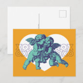 Briefkaart Cupido Valentijn, Blauwgroen Paarse Sin (Voorkant / Achterkant)