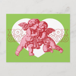 Briefkaart. Cupido Valentijn, roze en groen. Feestdagenkaart
