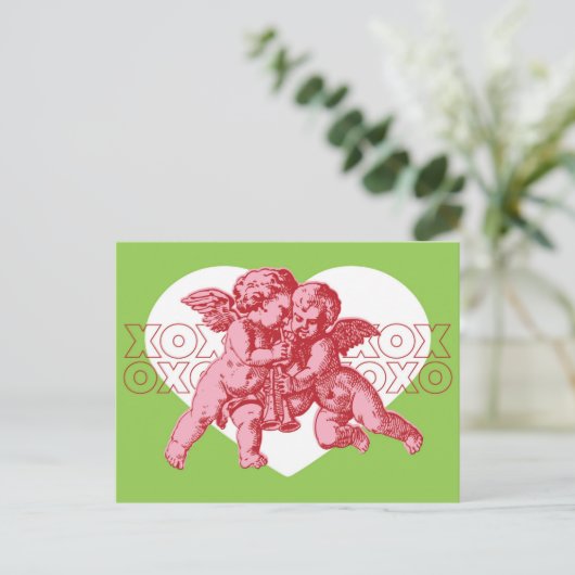 Briefkaart. Cupido Valentijn, roze en groen. Feestdagenkaart (Staand voorkant)