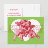 Briefkaart. Cupido Valentijn, roze en groen. Feestdagenkaart (Voorkant / Achterkant)