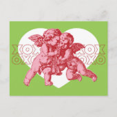 Briefkaart. Cupido Valentijn, roze en groen. Feestdagenkaart (Voorkant)