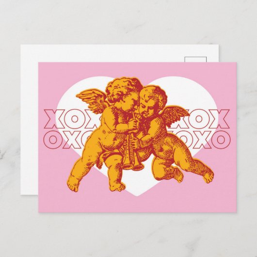 Briefkaart. Cupido Valentijn, roze Sinaasappel. Feestdagenkaart (Voorkant / Achterkant)