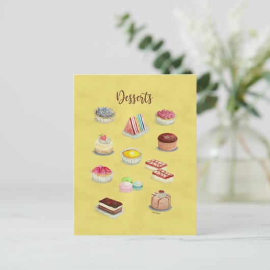 BRIEFKAART DESSERTS waterverf voedselillustraties. (Staand voorkant)