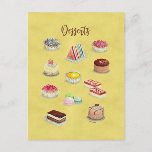 BRIEFKAART DESSERTS waterverf voedselillustraties. (Voorkant)