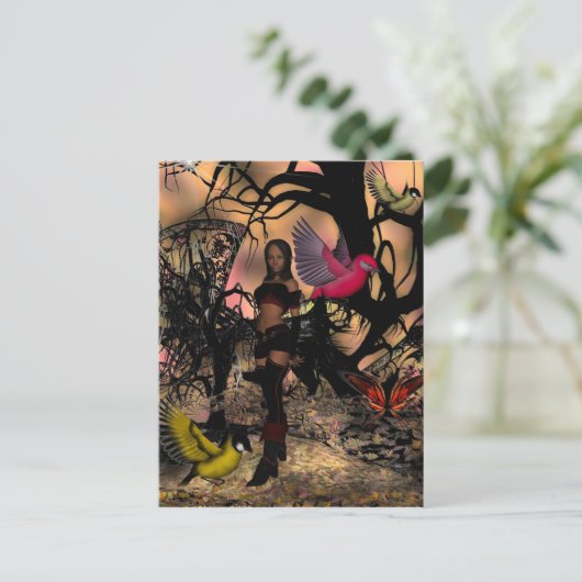 Briefkaart Elf Meisje Vogels (Staand voorkant)