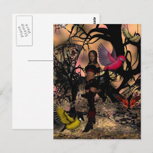 Briefkaart Elf Meisje Vogels (Voorkant / Achterkant)