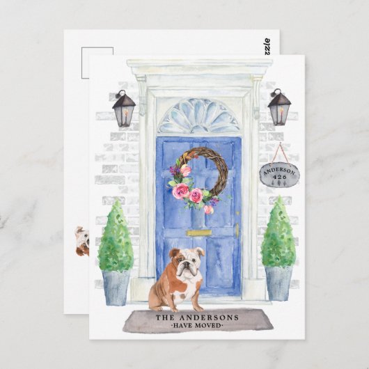 Briefkaart Engelse Bulldog Moving Announcement (Voorkant / Achterkant)